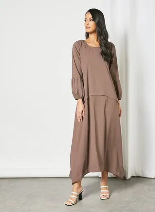 Puff Sleeve Trendy Modest Dress Brown 