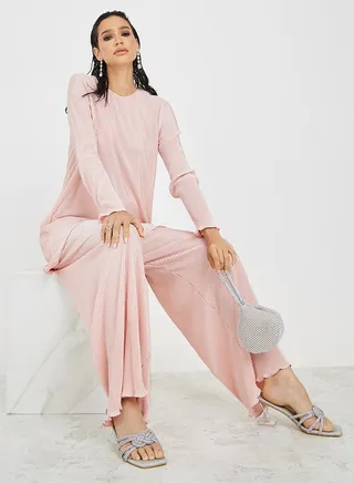 Plisse Longline Top & Wide Leg Pants Modest Set 