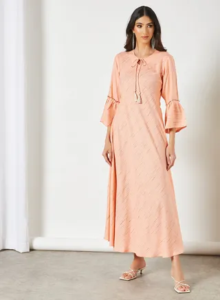 Striped Pattern Keyhole Neck Maxi Modest Dress Peach 