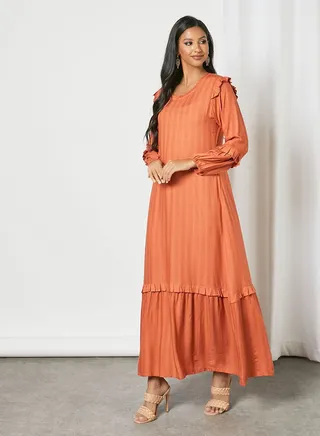 Ruffle Detail Trendy Maxi Modest Dress Rust 