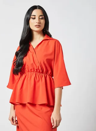 Collared  Neckline Elastic Waist Modest Top Red 