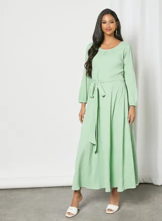 Tie-Waist Trendy Modest Dress Pista Green 