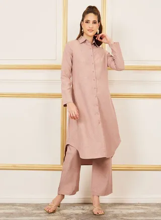 Curved Hem Longline Shirt and Wide Leg Pant Set 