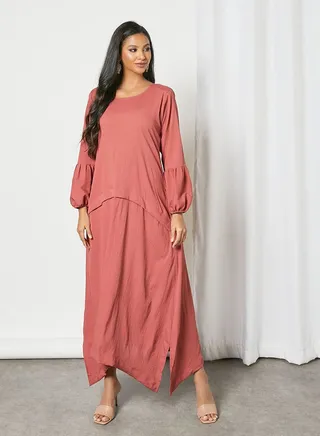 Solid Pattern Puff Sleeve Maxi Modest Dress Dusty Pink 