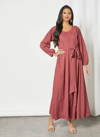 Solid Pattern Tie-Waist Maxi Modest Dress Dark Carrot 