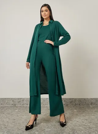 Set of 3 - Longline Knit Shirt, Tank Top & Wide Leg Pants 