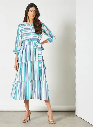 Striped Pattern Belted Waist Midi Modest Dress Blue/White 