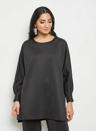 Round Neck Modest Top Black 