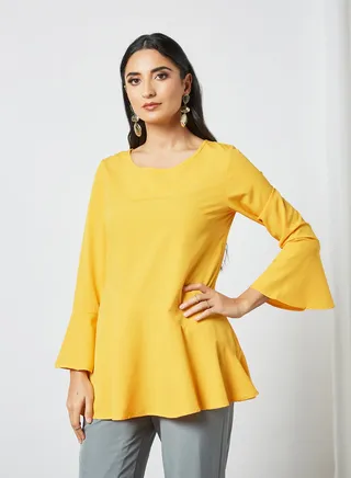Round Neck Bell Sleeves  Modest Tunic Yellow 