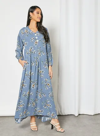 Floral Printed Trendy Maxi Modest Dress Blue 