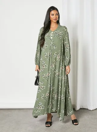 Floral Printed Trendy Maxi Modest Dress Green 