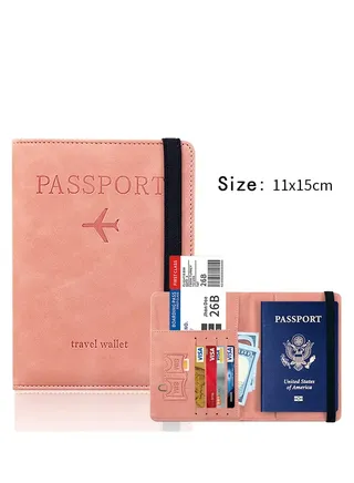 Passport Travel Holder Cover Case with Elastic Strap Tersely PU Leather RFID Blocking Document Organizer Protector for Credit & ID Cards Boarding Passes (Pink) 