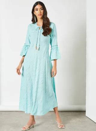 Striped Pattern Keyhole Neck Maxi Modest Dress Sky Blue 