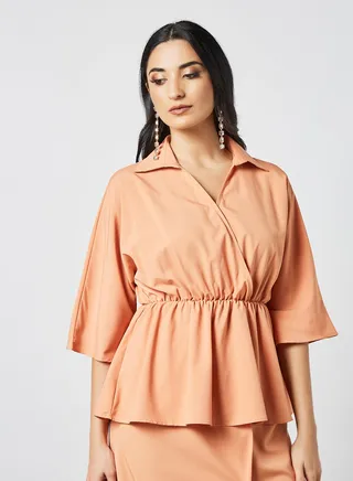 Collared  Neckline Elastic Waist Modest Top Orange 