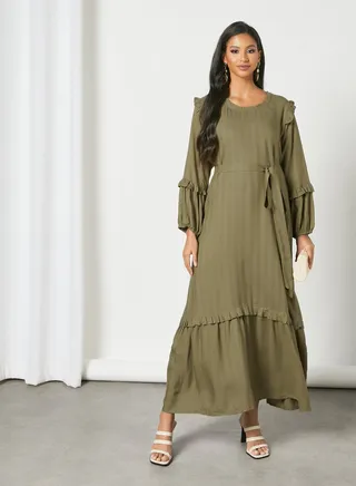 Ruffle Detail Trendy Modest Dress Mehndi Green 