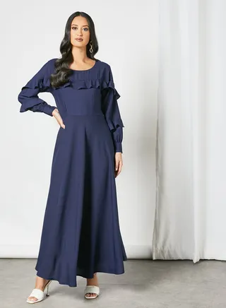 Ruffle Detail Trendy Modest Dress Ink Blue 