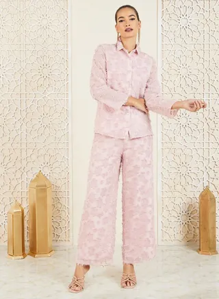 Tassel Textured Shirt and Wide Leg Pant Set 
