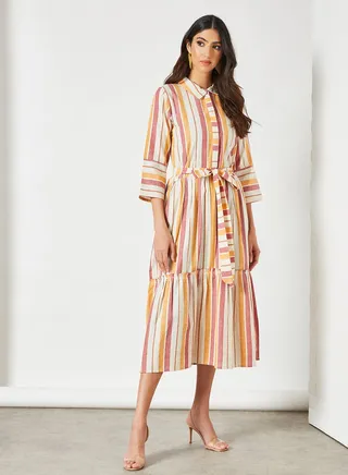 Striped Pattern Belted Waist Midi Modest Dress Pink/Orange/White 
