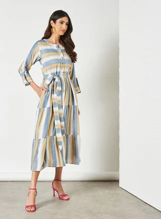 Striped Pattern Belted Waist Midi Modest Dress Multicolour 