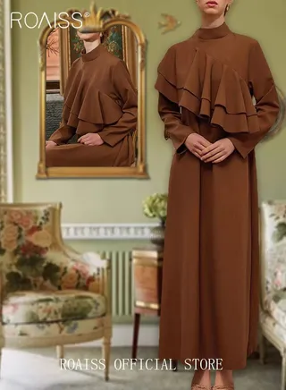 Women's Long Sleeved Long Dress Simple Solid Color Standing Collar A Word Ruffle Trim Dress for Laides Formal  Ramadan Eid al-Adha Gift for Lover Wife 