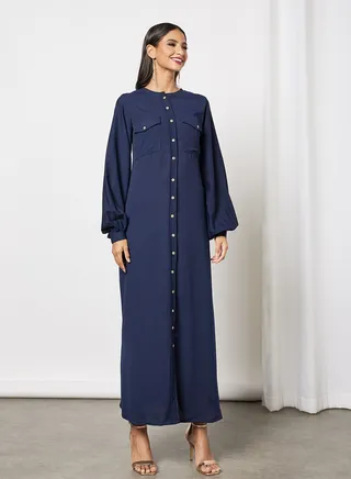 Button Detail Maxi Modest Dress 