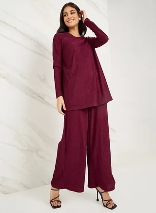 Textured Longline Top & Wide Leg Trouser Modest Set 