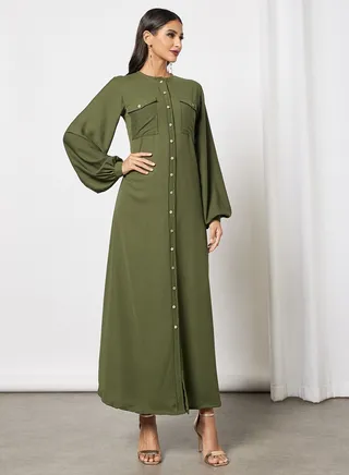 Button Detail Maxi Modest Dress 