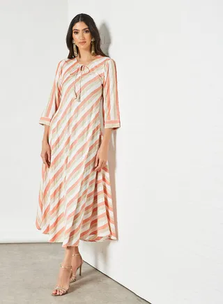 Striped Pattern Keyhole Neck Midi Modest Dress Pink/Grey/White 