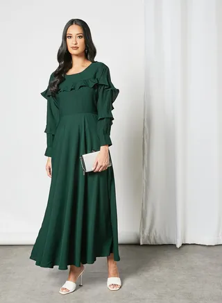Ruffle Detail Trendy Modest Dress Bottle Green 