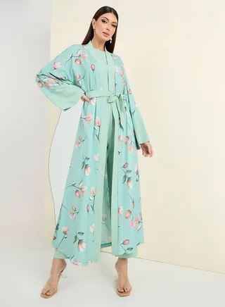Floral Print Tie Up Abaya & Jumpsuit Modest Set 