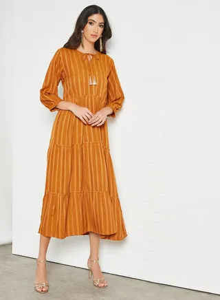 Striped Pattern Tiered Hem Midi Modest Dress Orange 