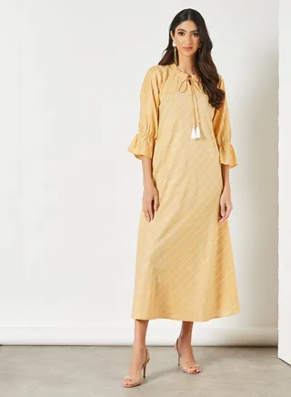 Striped Pattern Keyhole Neck Midi Modest Dress Yellow 
