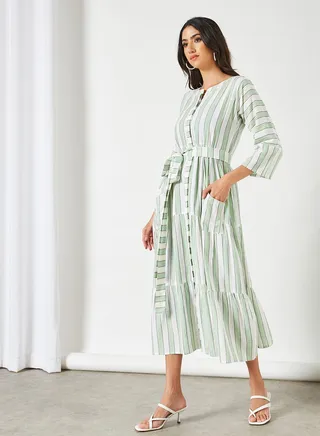 Striped Pattern Belted Waist Midi Modest Dress Green/White 