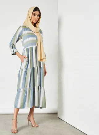 Striped Tiered Hem Detail Mandarin Neck Midi Dress Multicolour 