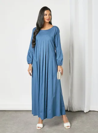 Pleated Trendy Maxi Modest Dress Blue 