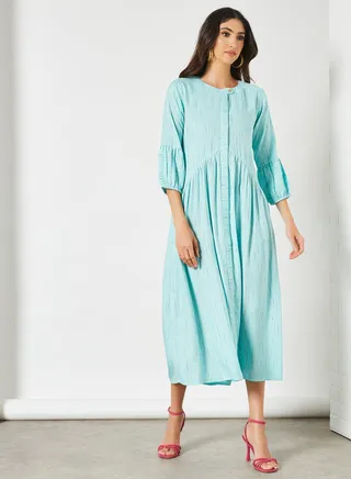 Solid Pattern Round Neck Midi Modest Dress Blue 