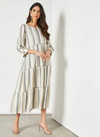 Striped Pattern Round Neck Midi Modest Dress Multicolour 