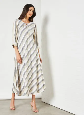 Striped Pattern Keyhole Neck Midi Modest Dress Multicolour 