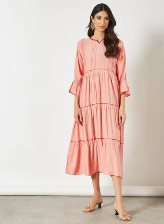 Simple Tiered Pattern Midi Modest Dress Peach 