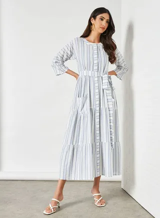 Striped Pattern Belted Waist Midi Modest Dress Blue/White 