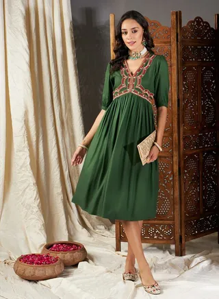 Embroidered Yoke Gathered Midi Dress 