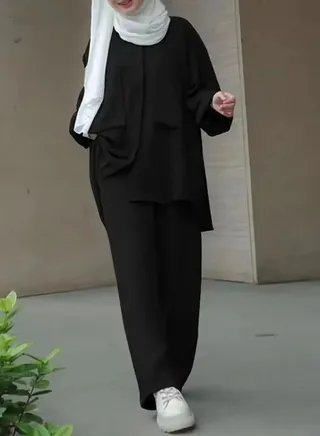 Women's Islamic Wide Pants Set with Long Sleeve Plain Abaya Two Piece Set 