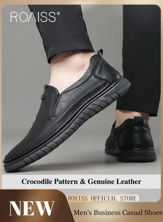 Men Business Casual Shoes Genuine Leather Shoes with Crocodile Pattern Slip Resistant Soft Sole Lace Free Design 