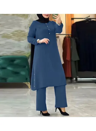 Solid Color Modest Blouse and Pants Set for Women 