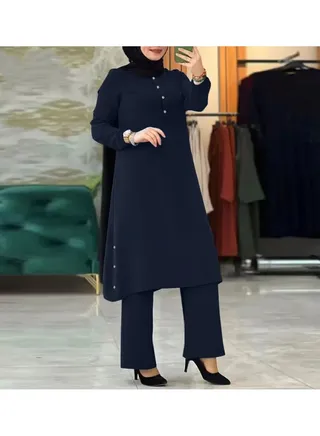 Solid Color Modest Blouse and Pants Set for Women 
