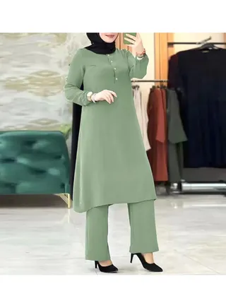 Solid Color Modest Blouse and Pants Set for Women 