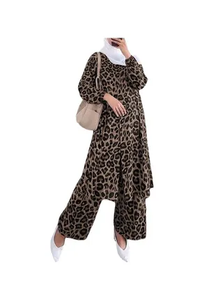 Leopard Print Casual Loose Muslim Set Women Long Sleeve Blouse Blouse Casual Loose Maxi Pants 