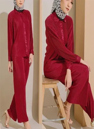 Fashion Solid Color Pleated Slacks Set 