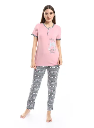 Women Pajama Set With Half Sleeves And Printed Photo 