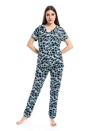 Women Pajama Set With Pants And Button Design 